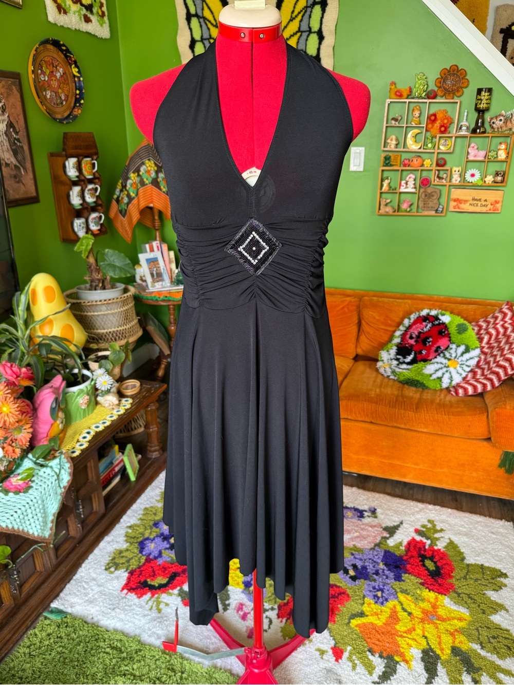 le chateau Black Halter Ruched Midi Dress with Center Buckle